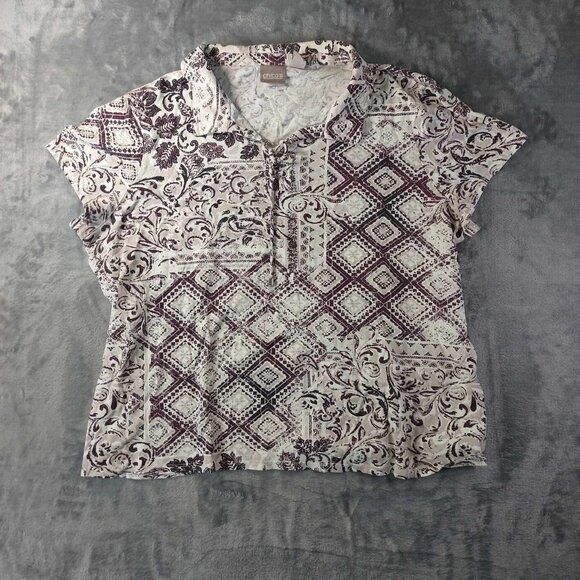 Chicos women's 3 White & Brown Short Sleeve Collared Abstract Summer T-Shirt - Picture 1 of 12